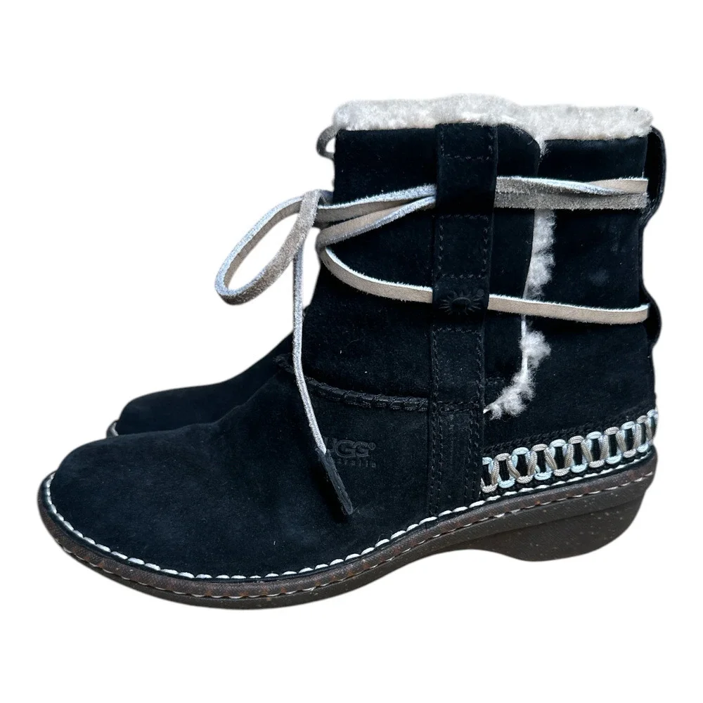 Ugg Black Suede Shearling Inside Slip On Winter Booties Women's Sz 7 Heel 1.5" - Picture 4 of 13